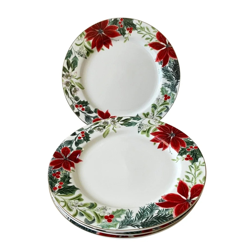 Grace Teaware Christmas Poinsettia Dinner Plates 10.5in Set of 4 Holiday New